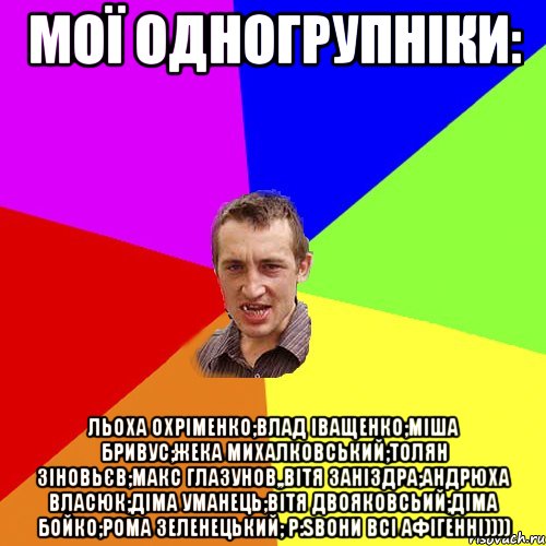 мої одногрупніки: льоха охріменко;влад іващенко;міша бривус;жека михалковський;толян зіновьєв;макс глазунов,,вітя заніздра;андрюха власюк;діма уманець;вітя двояковсьий;діма бойко;рома зеленецький; p:Sвони всі афігенні)))), Мем Чоткий паца