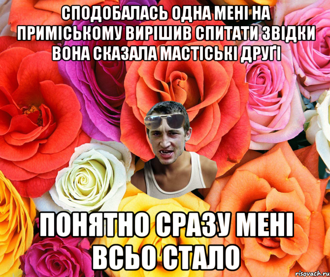 Сподобалась одна мені на приміському Вирішив спитати звідки вона Сказала Мастіські друґі Понятно сразу мені всьо стало, Мем  пацанчо