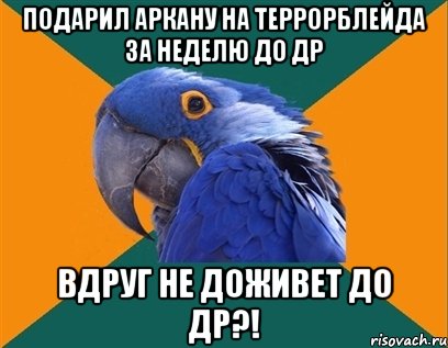 Подарил Аркану на Террорблейда за неделю до ДР вдруг не доживет до ДР?!, Мем Попугай параноик