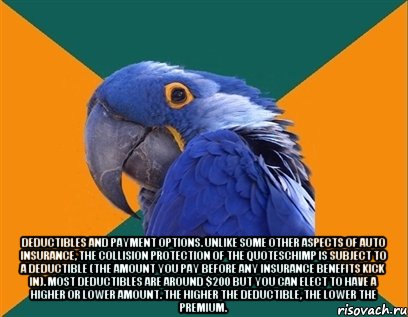 Deductibles and payment options. Unlike some other aspects of auto insurance, the collision protection of the QuotesChimp is subject to a deductible (the amount you pay before any insurance benefits kick in). Most deductibles are around $200 but you can elect to have a higher or lower amount. The higher the deductible, the lower the premium., Мем Попугай параноик