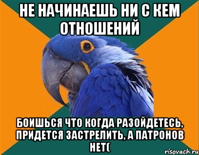 НЕ НАЧИНАЕШЬ НИ С КЕМ ОТНОШЕНИЙ БОИШЬСЯ ЧТО КОГДА РАЗОЙДЕТЕСЬ, ПРИДЕТСЯ ЗАСТРЕЛИТЬ, А ПАТРОНОВ НЕТ(, Мем Попугай параноик