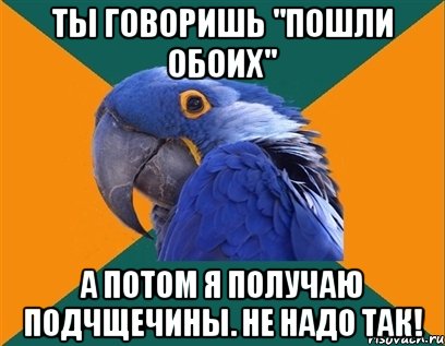 Ты говоришь "Пошли обоих" А потом я получаю подчщечины. Не надо так!, Мем Попугай параноик