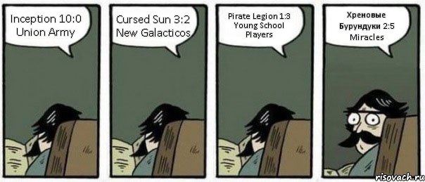 Inception 10:0 Union Army Cursed Sun 3:2 New Galacticos Pirate Legion 1:3 Young School Players Хреновые Бурундуки 2:5 Miracles, Комикс Staredad