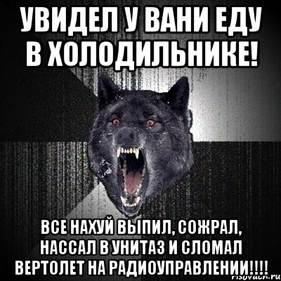 увидел у Вани еду в холодильнике! все нахуй выпил, сожрал, нассал в унитаз и сломал вертолет на радиоуправлении!!!!, Мем Сумасшедший волк