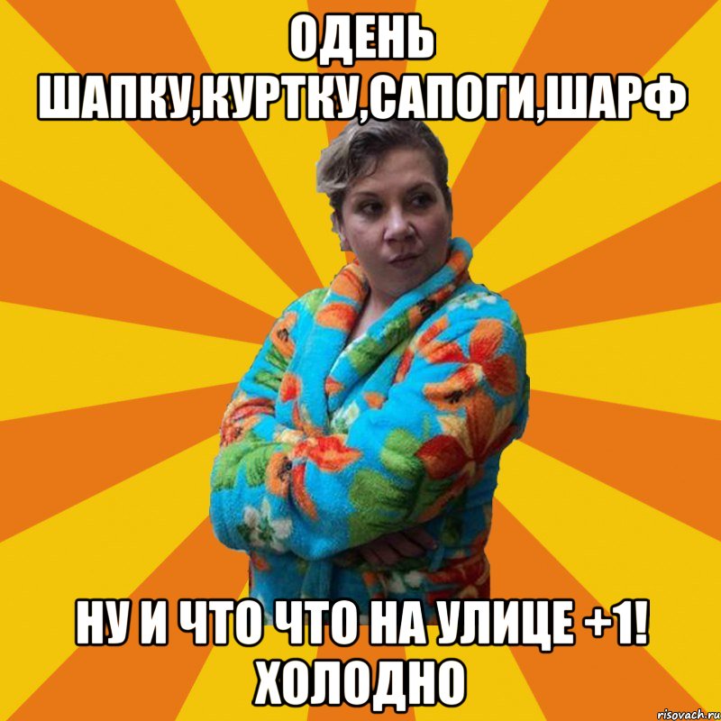 одень шапку,куртку,сапоги,шарф ну и что что на улице +1! Холодно, Мем Типичная мама