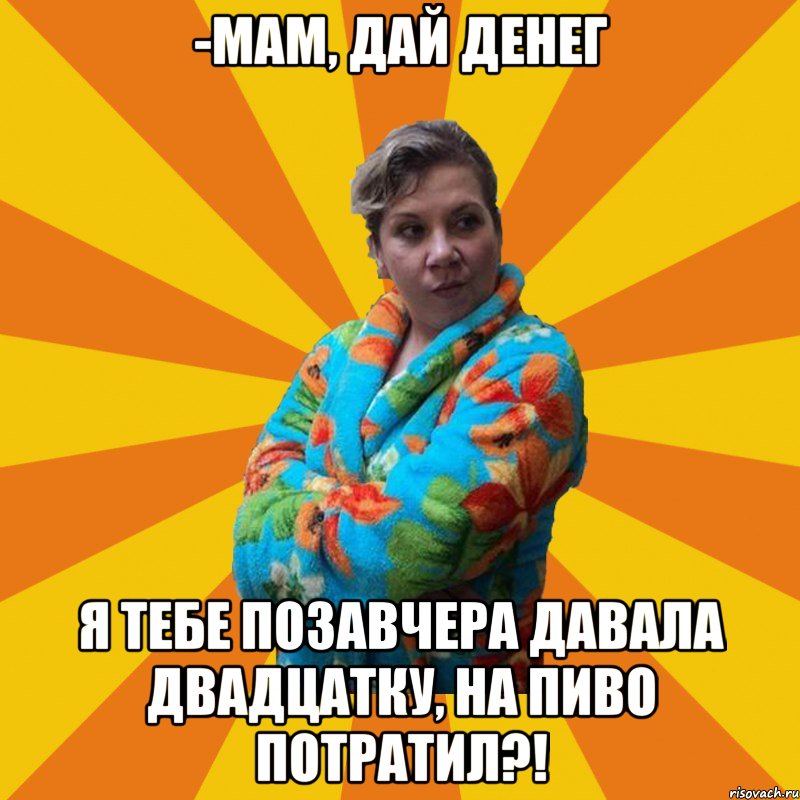 -Мам, дай денег Я тебе позавчера давала двадцатку, на пиво потратил?!, Мем Типичная мама