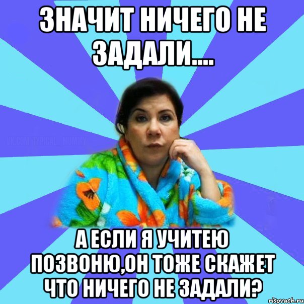 значит ничего не задали.... А если я учитею позвоню,он тоже скажет что ничего не задали?, Мем типичная мама