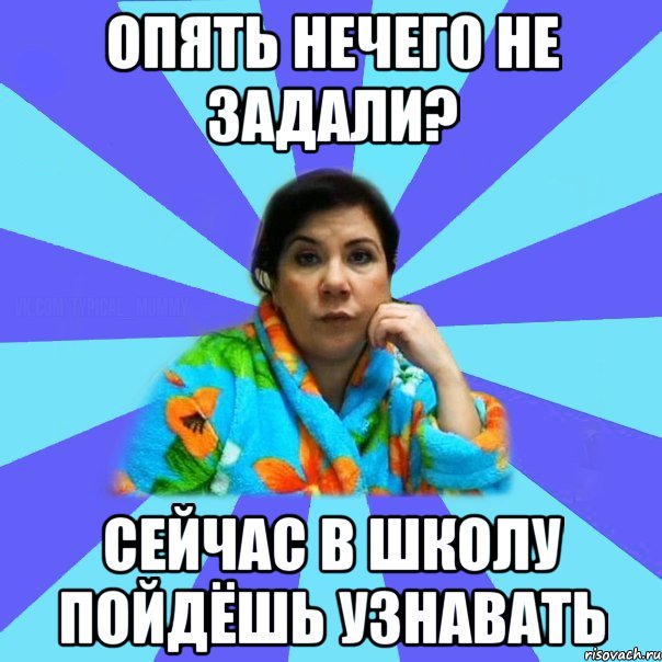 Опять нечего не задали? Сейчас в школу пойдёшь узнавать, Мем типичная мама