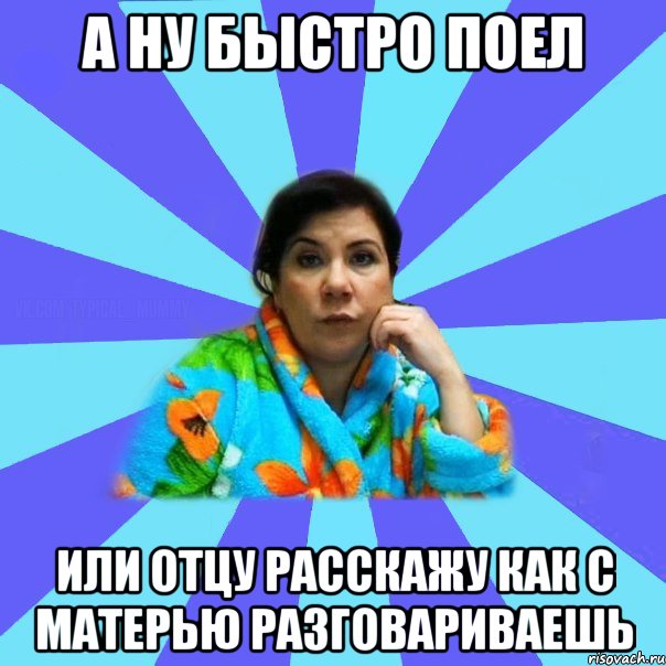 А ну быстро поел или отцу расскажу как с матерью разговариваешь, Мем типичная мама