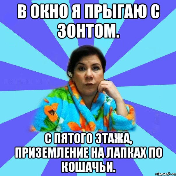 В окно я прыгаю с зонтом. C пятого этажа, приземление на лапках по кошачьи., Мем типичная мама