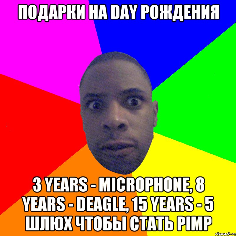 ПОДАРКИ НА DAY РОЖДЕНИЯ 3 YEARS - MICROPHONE, 8 YEARS - DEAGLE, 15 YEARS - 5 ШЛЮХ ЧТОБЫ СТАТЬ PIMP, Мем  Типичный Негр