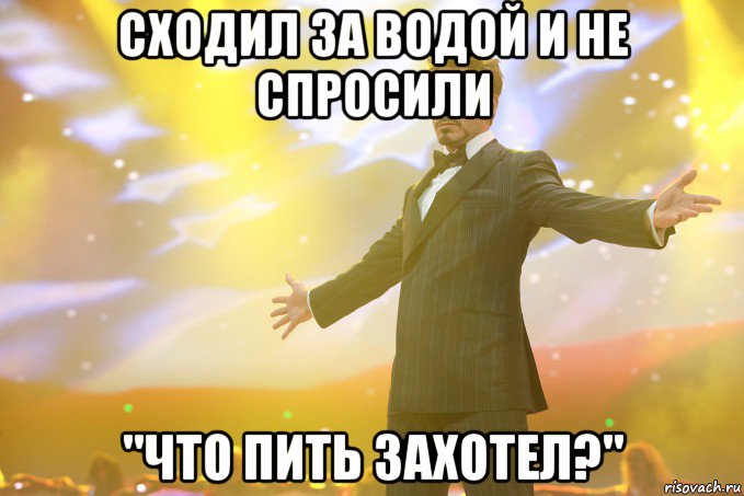 Сходил за водой и не спросили "Что пить захотел?", Мем Тони Старк (Роберт Дауни младший)