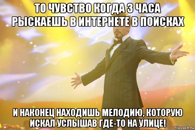 То чувство когда 3 часа рыскаешь в интернете в поисках и наконец находишь мелодию, которую искал услышав где-то на улице!, Мем Тони Старк (Роберт Дауни младший)