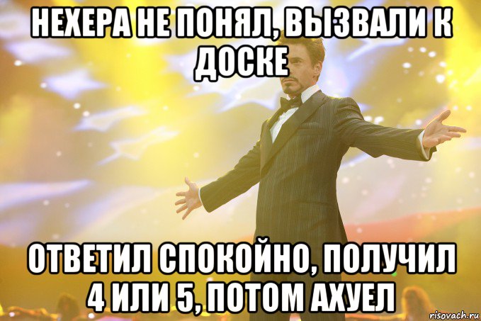 Нехера не понял, вызвали к доске Ответил спокойно, получил 4 или 5, потом ахуел, Мем Тони Старк (Роберт Дауни младший)