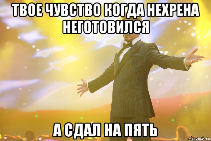 Твое чувство когда нехрена неготовился А сдал на пять, Мем Тони Старк (Роберт Дауни младший)