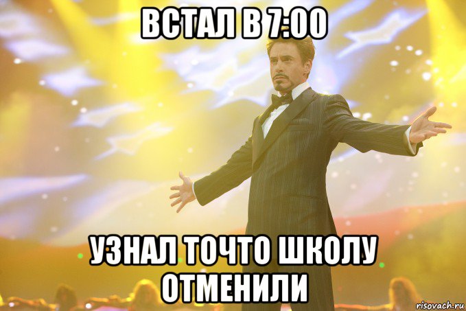 встал в 7:00 узнал точто школу отменили, Мем Тони Старк (Роберт Дауни младший)