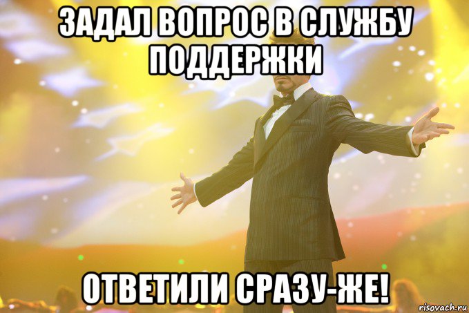 задал вопрос в службу поддержки Ответили сразу-же!, Мем Тони Старк (Роберт Дауни младший)