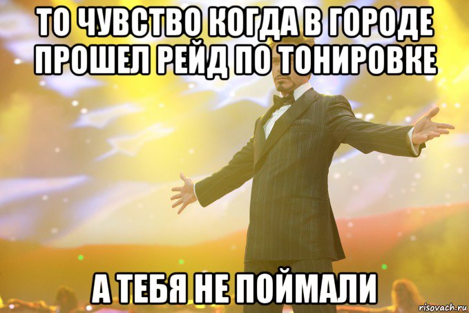 То чувство когда в городе прошел рейд по тонировке А тебя не поймали, Мем Тони Старк (Роберт Дауни младший)