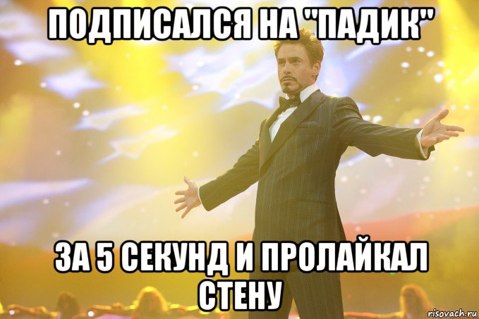 Подписался на "Падик" За 5 секунд и пролайкал стену, Мем Тони Старк (Роберт Дауни младший)