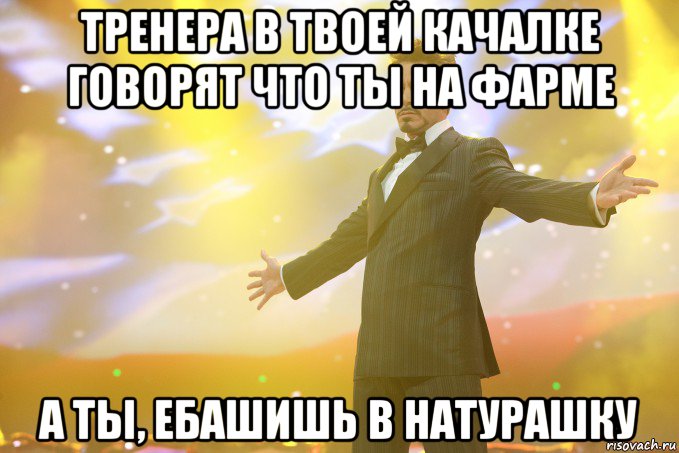 Тренера в твоей качалке говорят что ты на фарме а ты, ебашишь в натурашку, Мем Тони Старк (Роберт Дауни младший)