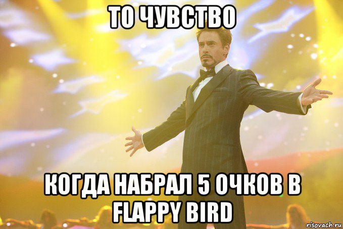 То чувство Когда набрал 5 очков в Flappy Bird, Мем Тони Старк (Роберт Дауни младший)