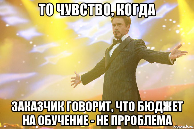 То чувство, когда Заказчик говорит, что бюджет на обучение - не прроблема, Мем Тони Старк (Роберт Дауни младший)