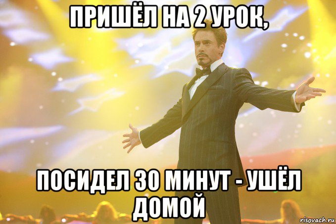 Пришёл на 2 урок, посидел 30 минут - ушёл домой, Мем Тони Старк (Роберт Дауни младший)