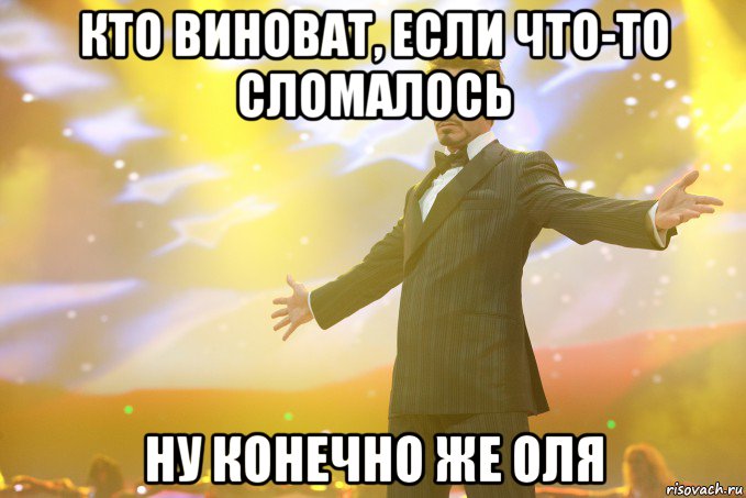 Кто виноват, если что-то сломалось Ну конечно же Оля, Мем Тони Старк (Роберт Дауни младший)