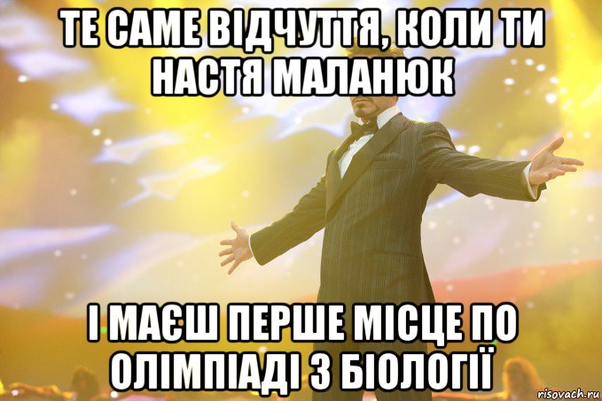 Те саме відчуття, коли ти Настя Маланюк і маєш перше місце по олімпіаді з біології, Мем Тони Старк (Роберт Дауни младший)