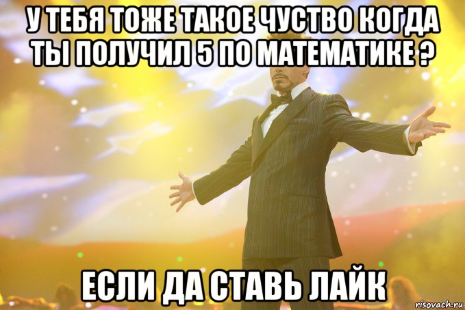 у тебя тоже такое чуство когда ты получил 5 по математике ? если да ставь лайк, Мем Тони Старк (Роберт Дауни младший)