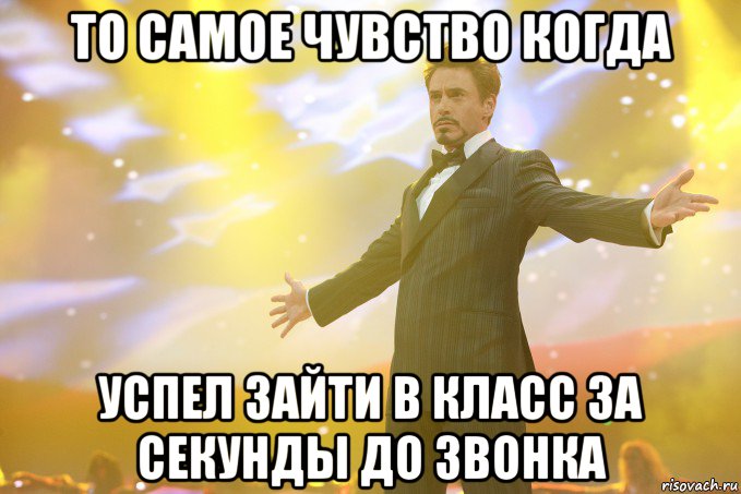 То самое чувство когда Успел зайти в класс за секунды до звонка, Мем Тони Старк (Роберт Дауни младший)