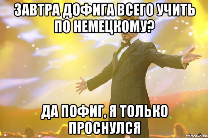 Завтра дофига всего учить по немецкому? Да пофиг, я только проснулся, Мем Тони Старк (Роберт Дауни младший)