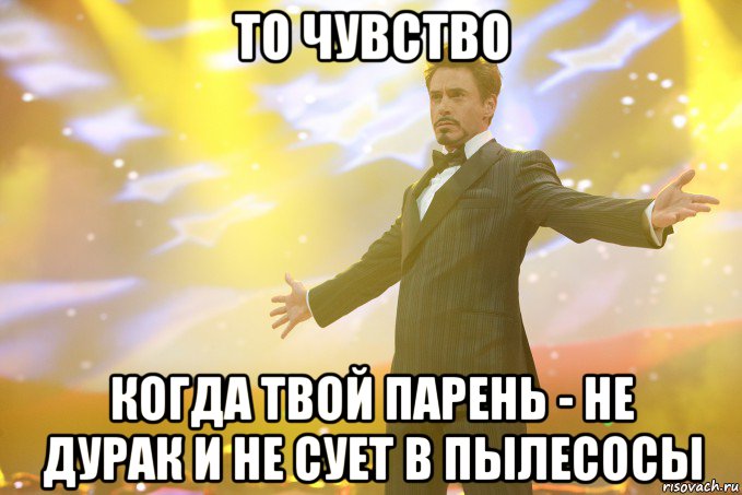 то чувство когда твой парень - не дурак и не сует в пылесосы, Мем Тони Старк (Роберт Дауни младший)