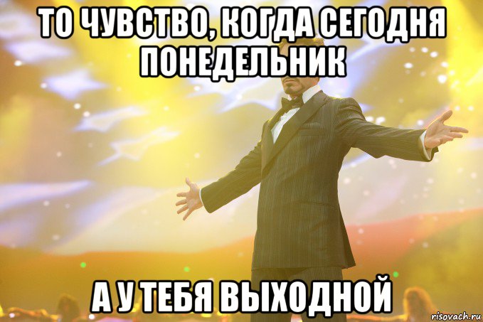 То чувство, когда сегодня понедельник А у тебя выходной, Мем Тони Старк (Роберт Дауни младший)