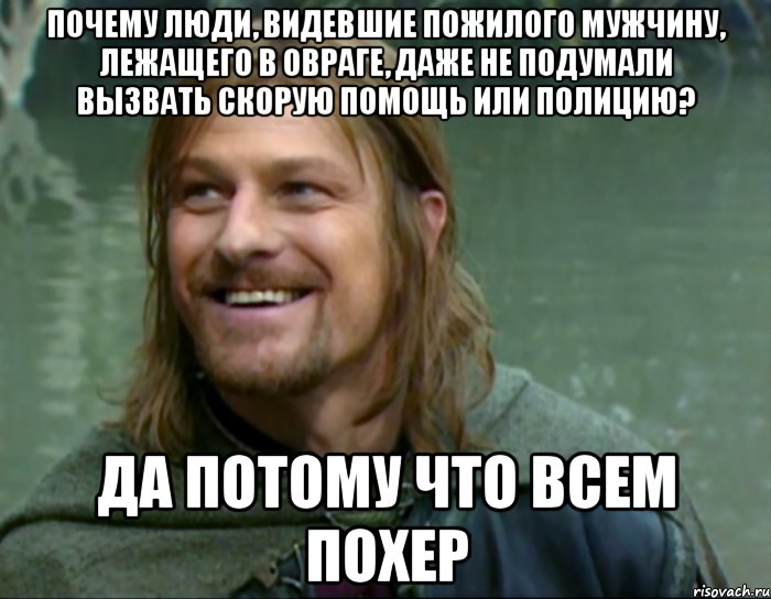 Почему люди, видевшие пожилого мужчину, лежащего в овраге, даже не подумали вызвать скорую помощь или полицию? да потому что всем похер, Мем Тролль Боромир