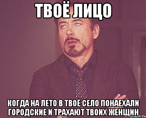 ТВОЁ ЛИЦО КОГДА НА ЛЕТО В ТВОЁ СЕЛО ПОНАЕХАЛИ ГОРОДСКИЕ И ТРАХАЮТ ТВОИХ ЖЕНЩИН, Мем твое выражение лица