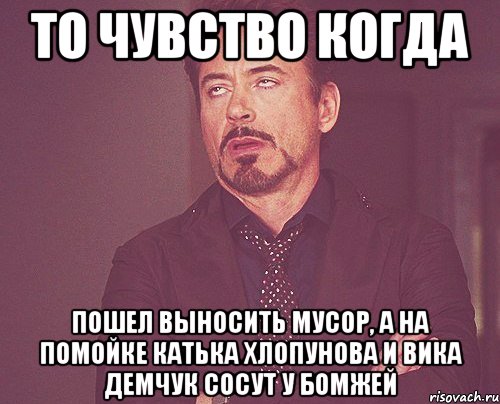 то чувство когда пошел выносить мусор, а на помойке катька хлопунова и вика демчук сосут у бомжей, Мем твое выражение лица