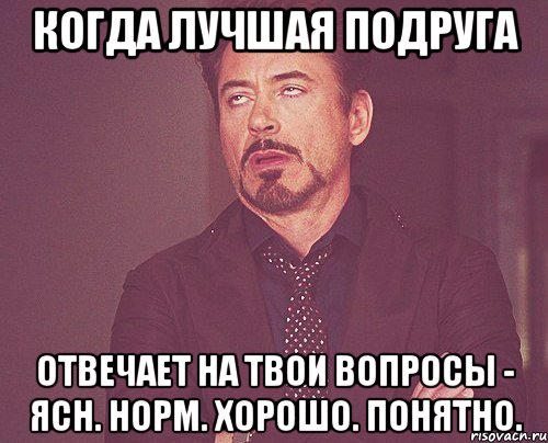 когда лучшая подруга отвечает на твои вопросы - ясн. норм. хорошо. понятно., Мем твое выражение лица