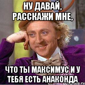 ну давай, расскажи мне, что ты Максимус и у тебя есть анаконда, Мем Ну давай расскажи (Вилли Вонка)