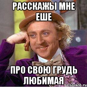 расскажы мне еше про свою грудь любимая, Мем Ну давай расскажи (Вилли Вонка)