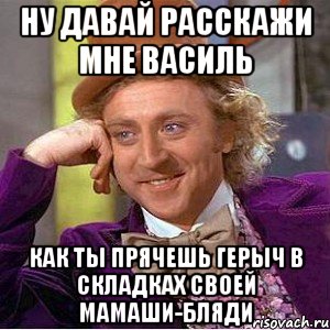 Ну давай расскажи мне василь Как ты прячешь герыч в складках своей мамаши-бляди, Мем Ну давай расскажи (Вилли Вонка)