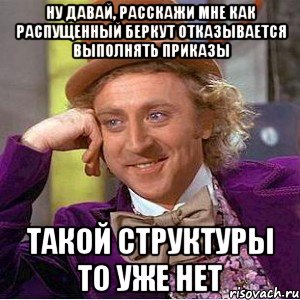 Ну давай, расскажи мне как распущенный беркут отказывается выполнять приказы Такой структуры то уже нет, Мем Ну давай расскажи (Вилли Вонка)