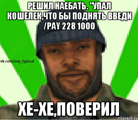 Решил наебать. "Упал кошелек,что бы поднять введи /pay 228 1000 Хе-хе,поверил, Мем Vkcomarptypical