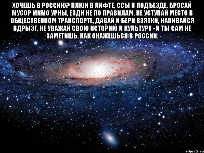 Хочешь в Россию? Плюй в лифте, Ссы в подъезде, Бросай мусор мимо урны, езди не по правилам, не уступай место в общественном транспорте, давай и бери взятки, напивайся вдрызг, не уважай свою историю и культуру - и ты сам не заметишь, как окажешься в России. , Мем Вселенная