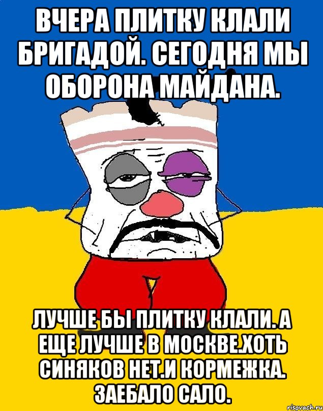 Вчера плитку клали бригадой. Сегодня мы оборона майдана. Лучше бы плитку клали. А еще лучше в Москве.хоть синяков нет.и кормежка. Заебало сало., Мем Западенец - тухлое сало