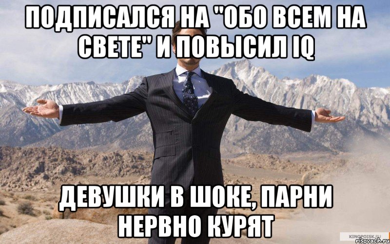 Подписался на "Обо всем на свете" и повысил IQ девушки в шоке, парни нервно курят, Мем железный человек