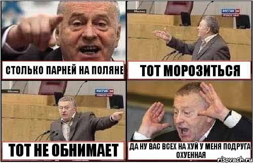 СТОЛЬКО ПАРНЕЙ НА ПОЛЯНЕ ТОТ МОРОЗИТЬСЯ ТОТ НЕ ОБНИМАЕТ ДА НУ ВАС ВСЕХ НА ХУЙ У МЕНЯ ПОДРУГА ОХУЕННАЯ, Комикс жиреновский