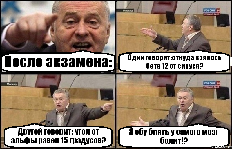 После экзамена: Один говорит:откуда взялось бета 12 от синуса? Другой говорит: угол от альфы равен 15 градусов? Я ебу блять у самого мозг болит!?, Комикс Жириновский