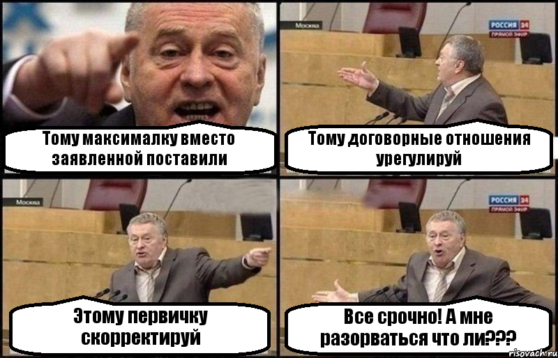 Тому максималку вместо заявленной поставили Тому договорные отношения урегулируй Этому первичку скорректируй Все срочно! А мне разорваться что ли???, Комикс Жириновский