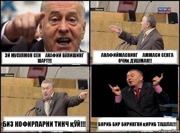 эй мусулмон сен ҳанафий бўлишинг шарт!!! Ҳанафиймаснинг ҳаммаси сенга очиқ душман!! биз кофирларни тинч қўй!!! Бориб бир бирингни қириб ташла!!!, Комикс Жириновский клоуничает